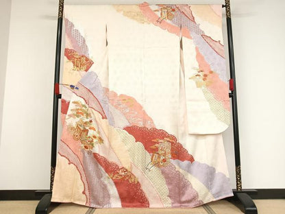 平和屋着物●創業460年・千總　振袖　駒刺繍　絞り　御所車　鴛鴦　金銀彩　金糸　正絹　逸品　AAAX0055np