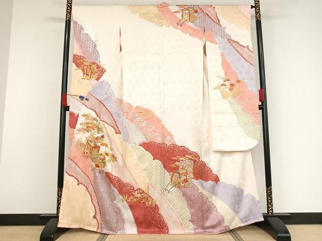 平和屋着物●創業460年・千總　振袖　駒刺繍　絞り　御所車　鴛鴦　金銀彩　金糸　正絹　逸品　AAAX0055np
