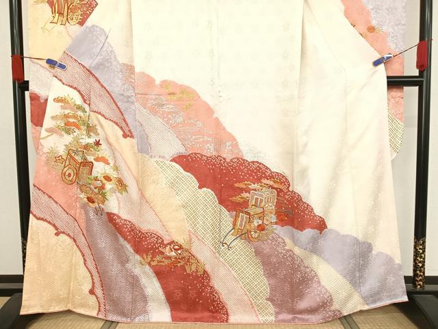 平和屋着物●創業460年・千總　振袖　駒刺繍　絞り　御所車　鴛鴦　金銀彩　金糸　正絹　逸品　AAAX0055np