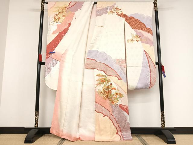 平和屋着物●創業460年・千總　振袖　駒刺繍　絞り　御所車　鴛鴦　金銀彩　金糸　正絹　逸品　AAAX0055np
