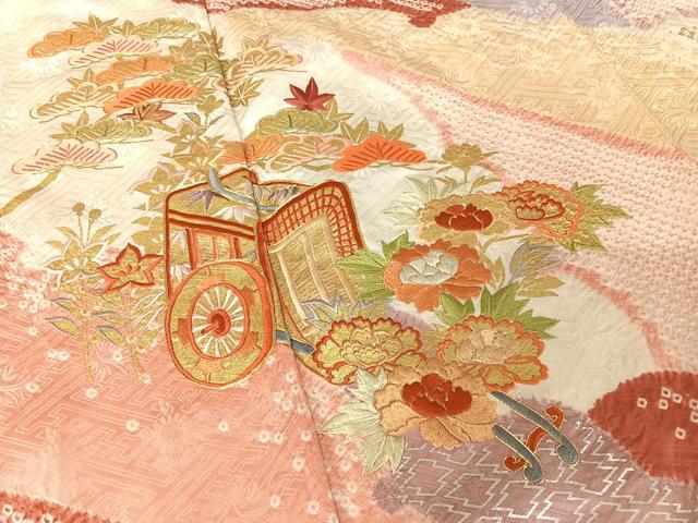 平和屋着物●創業460年・千總　振袖　駒刺繍　絞り　御所車　鴛鴦　金銀彩　金糸　正絹　逸品　AAAX0055np