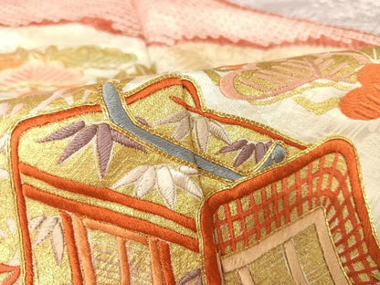 平和屋着物●創業460年・千總　振袖　駒刺繍　絞り　御所車　鴛鴦　金銀彩　金糸　正絹　逸品　AAAX0055np