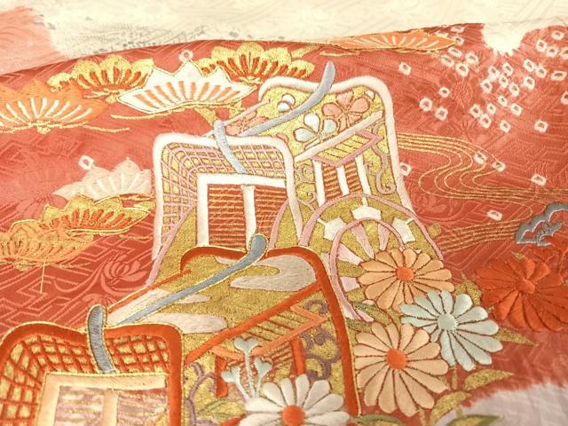 平和屋着物●創業460年・千總　振袖　駒刺繍　絞り　御所車　鴛鴦　金銀彩　金糸　正絹　逸品　AAAX0055np