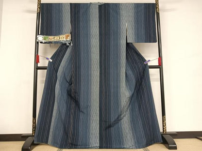 平和屋着物●本場真綿絢結城紬　縞　証紙付き　ロング丈　正絹　逸品　AAAX0079np
