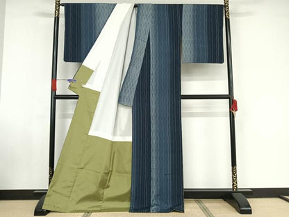 平和屋着物●本場真綿絢結城紬　縞　証紙付き　ロング丈　正絹　逸品　AAAX0079np
