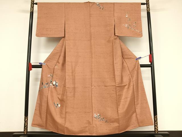 平和屋着物●十日町友禅作家 岡村蒼風 訪問着 紬地 枝花文 正絹 逸品 AAAX0094np