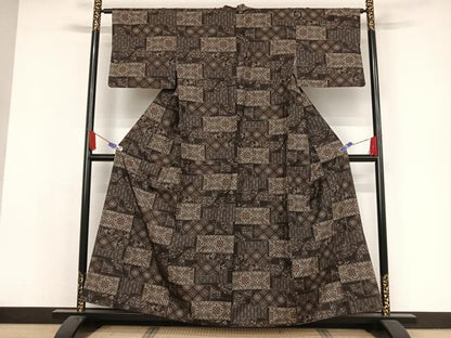 平和屋着物●上質な紬 吉祥花文 黒地 正絹 逸品 AAAX0100np
