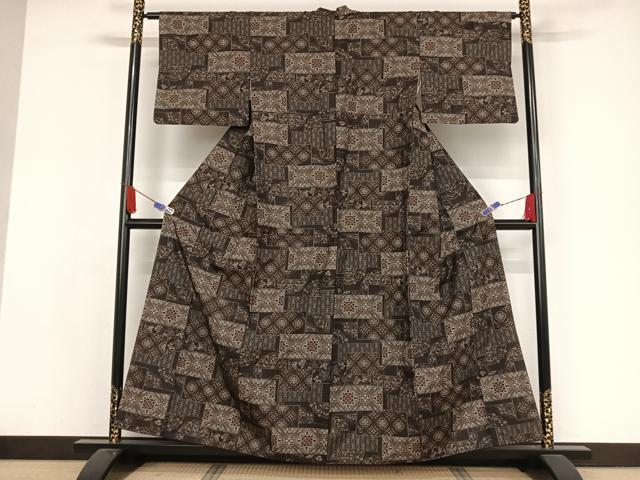 平和屋着物●上質な紬 吉祥花文 黒地 正絹 逸品 AAAX0100np