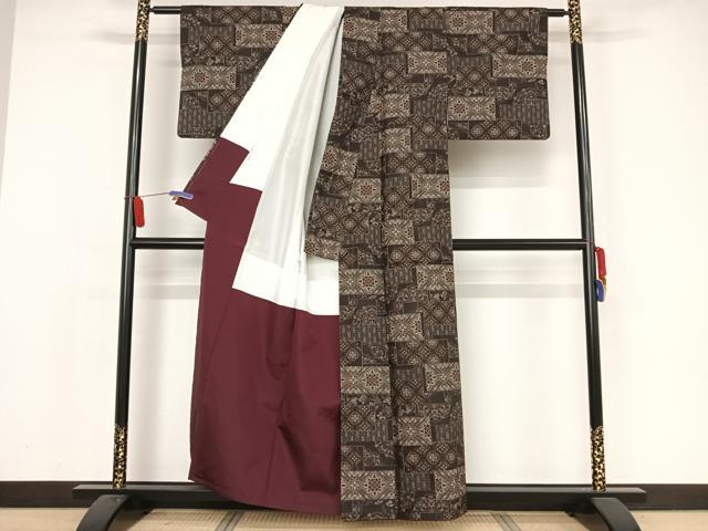 平和屋着物●上質な紬 吉祥花文 黒地 正絹 逸品 AAAX0100np