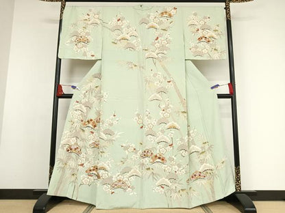 平和屋着物●蘇州刺繍　訪問着　松竹梅草花文　金糸　金彩　反端付き　月白色地　正絹　逸品　未使用　AAAX0171np