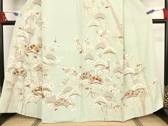 平和屋着物●蘇州刺繍　訪問着　松竹梅草花文　金糸　金彩　反端付き　月白色地　正絹　逸品　未使用　AAAX0171np