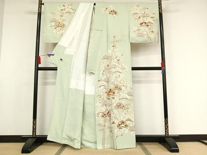 平和屋着物●蘇州刺繍　訪問着　松竹梅草花文　金糸　金彩　反端付き　月白色地　正絹　逸品　未使用　AAAX0171np