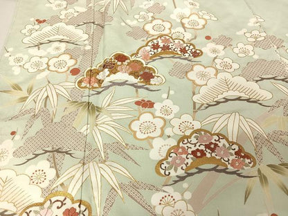 平和屋着物●蘇州刺繍　訪問着　松竹梅草花文　金糸　金彩　反端付き　月白色地　正絹　逸品　未使用　AAAX0171np