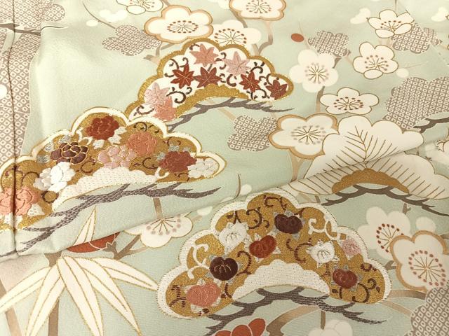平和屋着物●蘇州刺繍　訪問着　松竹梅草花文　金糸　金彩　反端付き　月白色地　正絹　逸品　未使用　AAAX0171np