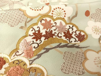 平和屋着物●蘇州刺繍　訪問着　松竹梅草花文　金糸　金彩　反端付き　月白色地　正絹　逸品　未使用　AAAX0171np