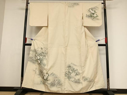平和屋着物●訪問着 紬地 手描き 風景牡丹文 正絹 逸品 AAAX0193np