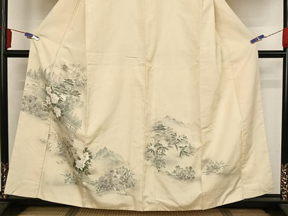 平和屋着物●訪問着 紬地 手描き 風景牡丹文 正絹 逸品 AAAX0193np