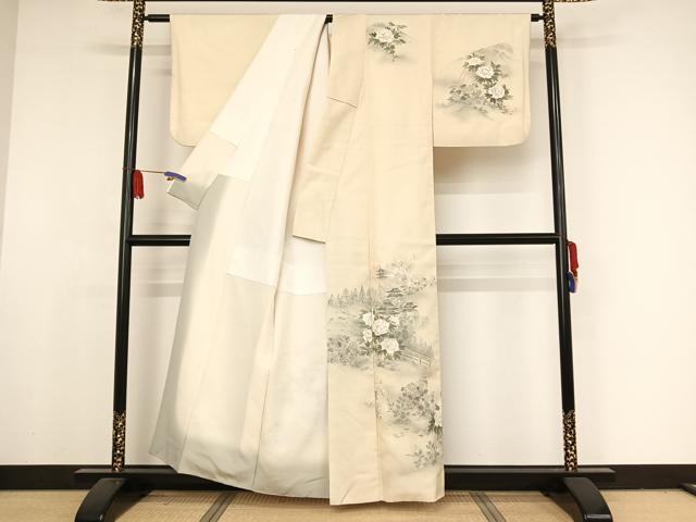 平和屋着物●訪問着 紬地 手描き 風景牡丹文 正絹 逸品 AAAX0193np