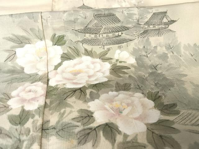 平和屋着物●訪問着 紬地 手描き 風景牡丹文 正絹 逸品 AAAX0193np
