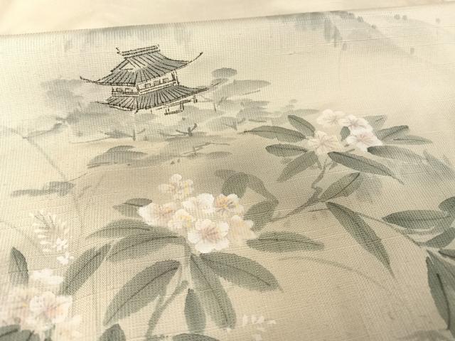平和屋着物●訪問着 紬地 手描き 風景牡丹文 正絹 逸品 AAAX0193np