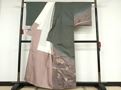 平和屋着物●訪問着 紬地 手描き 鏡裏花文 金彩 正絹 逸品 AAAX0264np