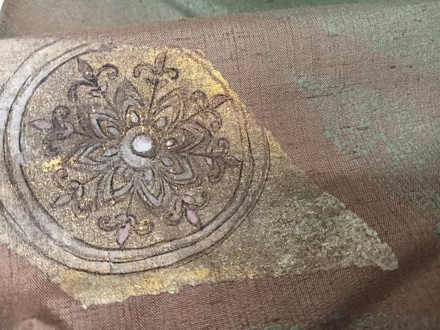 平和屋着物●訪問着 紬地 手描き 鏡裏花文 金彩 正絹 逸品 AAAX0264np