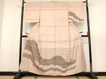 平和屋着物●訪問着 紬地 幾何学花文 正絹 逸品 AAAX0306np