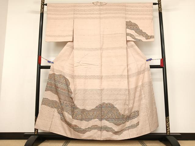 平和屋着物●訪問着 紬地 幾何学花文 正絹 逸品 AAAX0306np