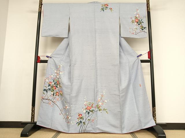 平和屋着物●訪問着　友禅　作家物　紬地　枝椿　正絹　逸品　AAAX0324np