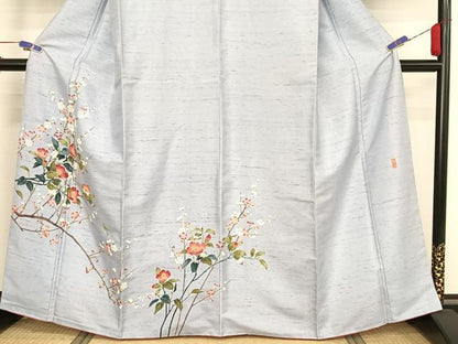 平和屋着物●訪問着　友禅　作家物　紬地　枝椿　正絹　逸品　AAAX0324np
