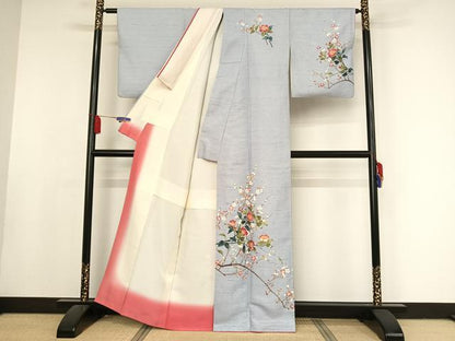 平和屋着物●訪問着　友禅　作家物　紬地　枝椿　正絹　逸品　AAAX0324np