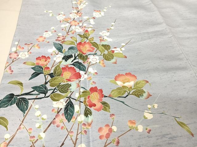 平和屋着物●訪問着　友禅　作家物　紬地　枝椿　正絹　逸品　AAAX0324np