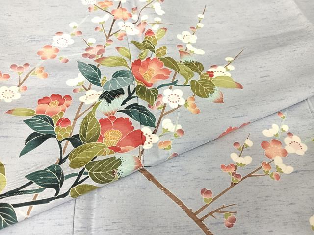 平和屋着物●訪問着　友禅　作家物　紬地　枝椿　正絹　逸品　AAAX0324np