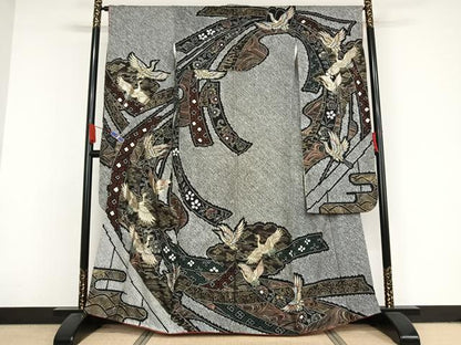 平和屋着物●豪華振袖　絞り　束ね熨斗飛鶴花文　黒地　金彩　正絹　逸品　AAAX0375np