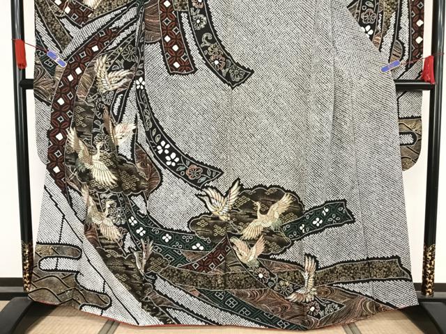 平和屋着物●豪華振袖　絞り　束ね熨斗飛鶴花文　黒地　金彩　正絹　逸品　AAAX0375np