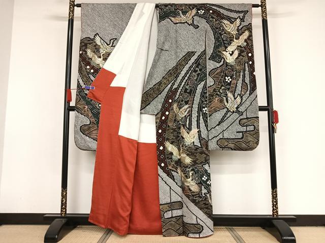 平和屋着物●豪華振袖　絞り　束ね熨斗飛鶴花文　黒地　金彩　正絹　逸品　AAAX0375np