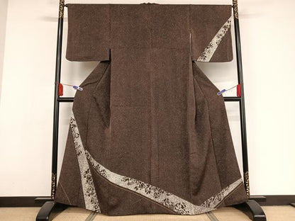 平和屋着物●訪問着 斜め取り花文 たたき染め 正絹 逸品 AAAX0385np