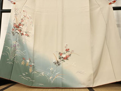 平和屋着物●訪問着 友禅 流水草花文 暈し染め 正絹 逸品 AAAX0573zg