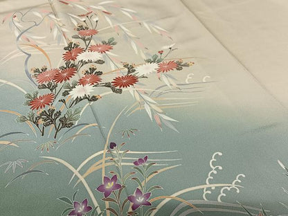 平和屋着物●訪問着 友禅 流水草花文 暈し染め 正絹 逸品 AAAX0573zg