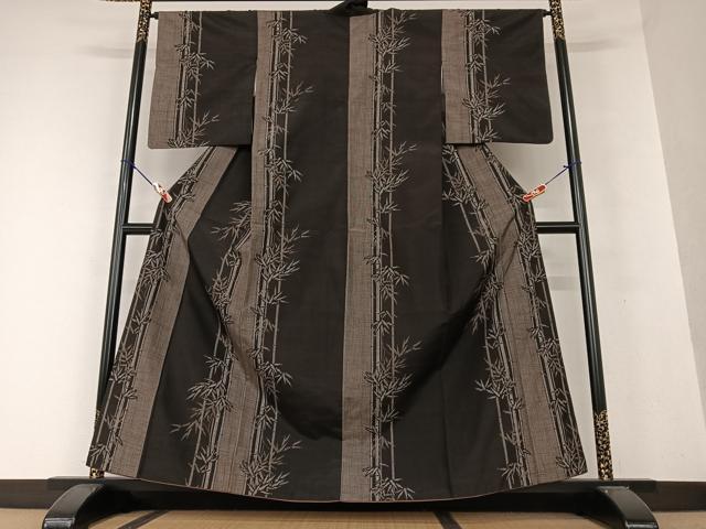 平和屋着物●上質な紬 笹竹文 黒地 正絹 逸品 AAAX0595zg