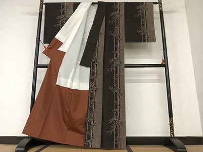 平和屋着物●上質な紬 笹竹文 黒地 正絹 逸品 AAAX0595zg