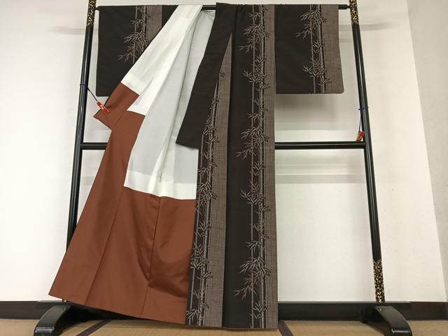 平和屋着物●上質な紬 笹竹文 黒地 正絹 逸品 AAAX0595zg