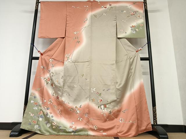 平和屋着物●訪問着 友禅 駒刺繍 枝花文 暈し染め 金彩 正絹 逸品 AAAX0613zg