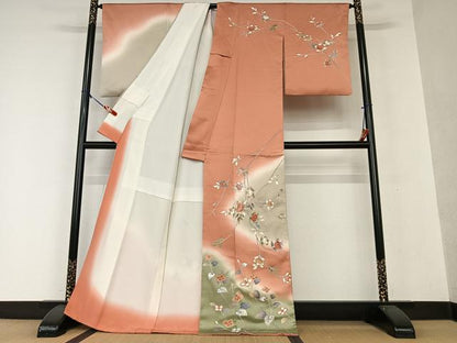 平和屋着物●訪問着 友禅 駒刺繍 枝花文 暈し染め 金彩 正絹 逸品 AAAX0613zg