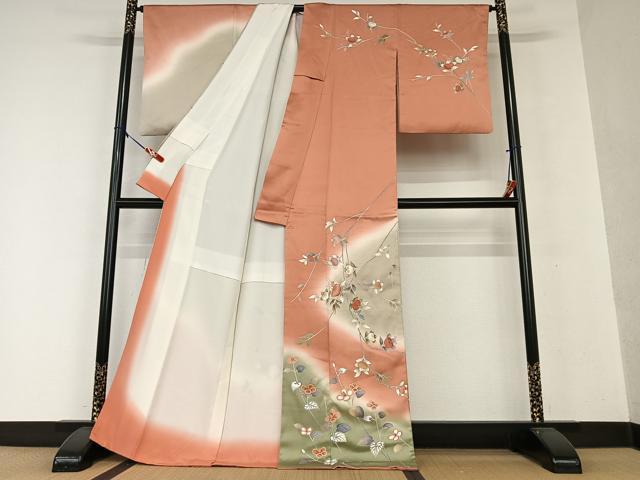 平和屋着物●訪問着 友禅 駒刺繍 枝花文 暈し染め 金彩 正絹 逸品 AAAX0613zg