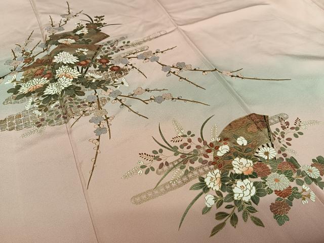 平和屋着物●訪問着 扇面草花文 暈し染め 金彩 正絹 逸品 AAAX0614zg