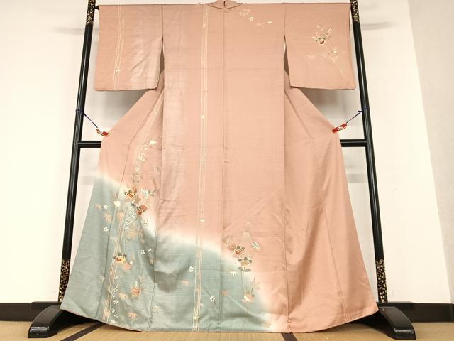 平和屋着物●訪問着 駒刺繍 花蝶文 橘 暈し染め 金彩 正絹 逸品 AAAX0619zg