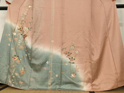 平和屋着物●訪問着 駒刺繍 花蝶文 橘 暈し染め 金彩 正絹 逸品 AAAX0619zg