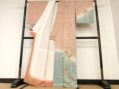 平和屋着物●訪問着 駒刺繍 花蝶文 橘 暈し染め 金彩 正絹 逸品 AAAX0619zg