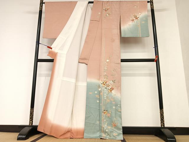 平和屋着物●訪問着 駒刺繍 花蝶文 橘 暈し染め 金彩 正絹 逸品 AAAX0619zg